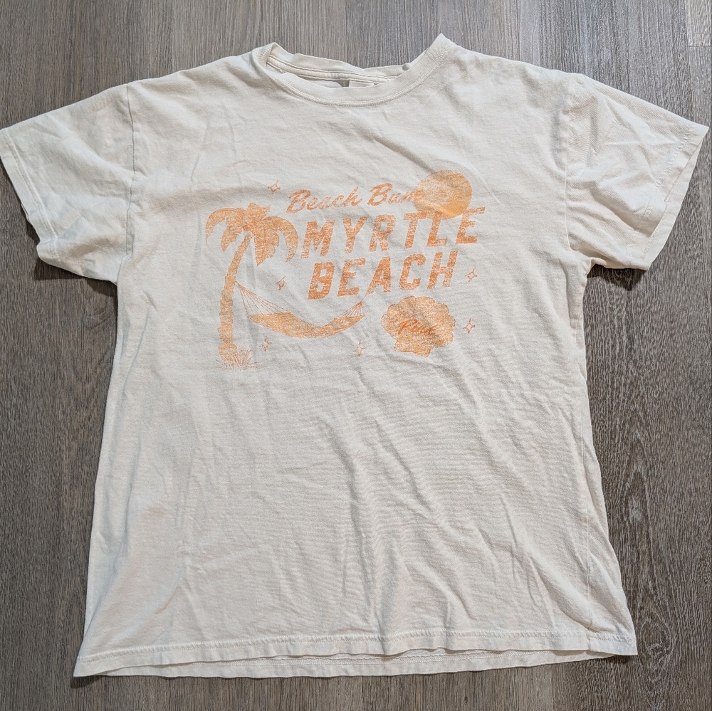 PINK Victoria's Secret Cream Graphic T-Shirt with Orange Print - XS - Preloved